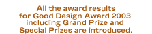 All the award results for Good Design Award 2003 including Grand Prize and Special Prizes are introduced.